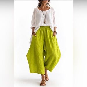 NWT Bryn Walker harem linen  pants xl horseshoe balloon  Lagenlook chartreuse